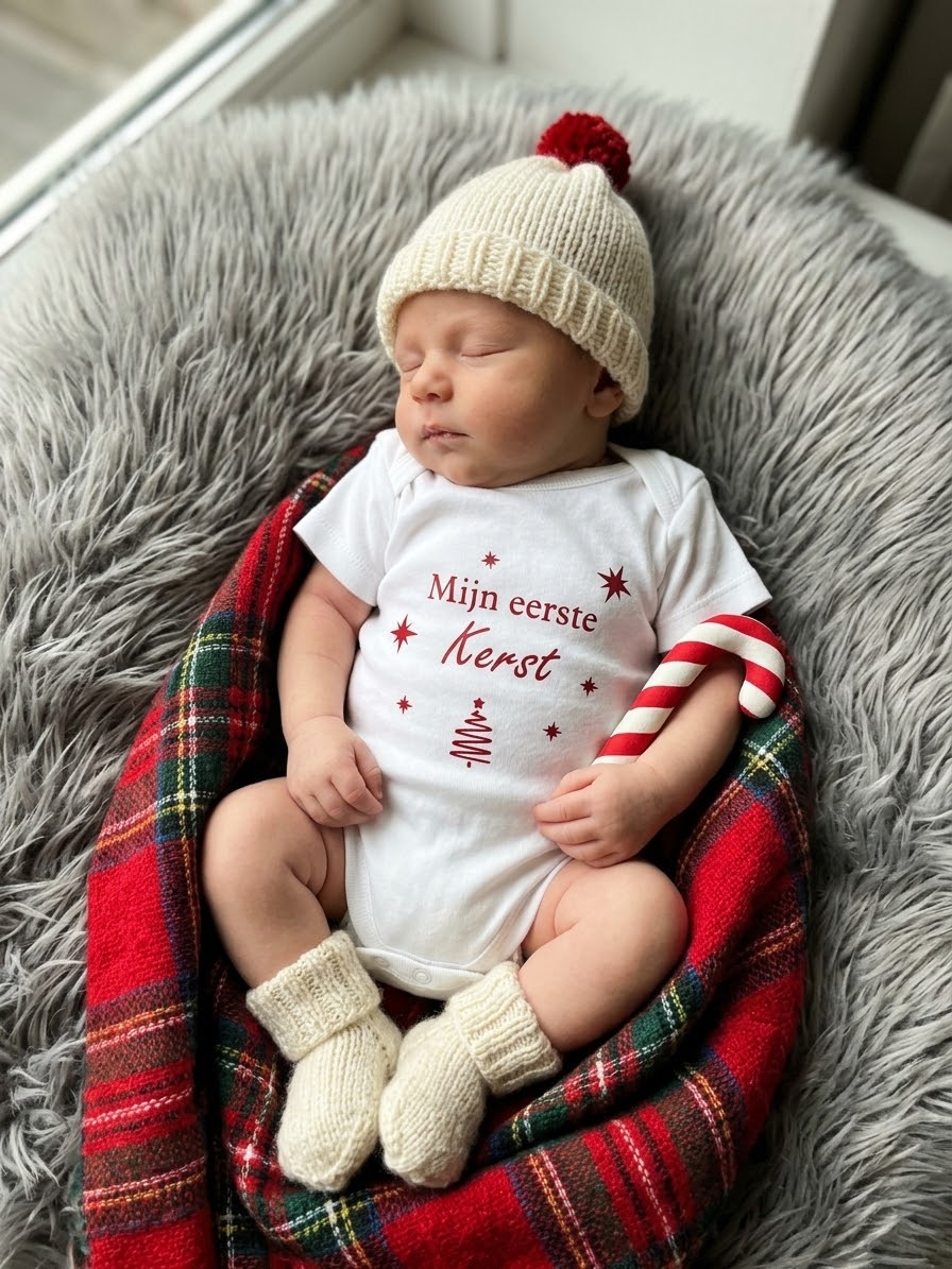 Baby draagt wit rompertje met bordeauxrode opdruk Mijn eerste Kerst, sterren en kerstboompje
