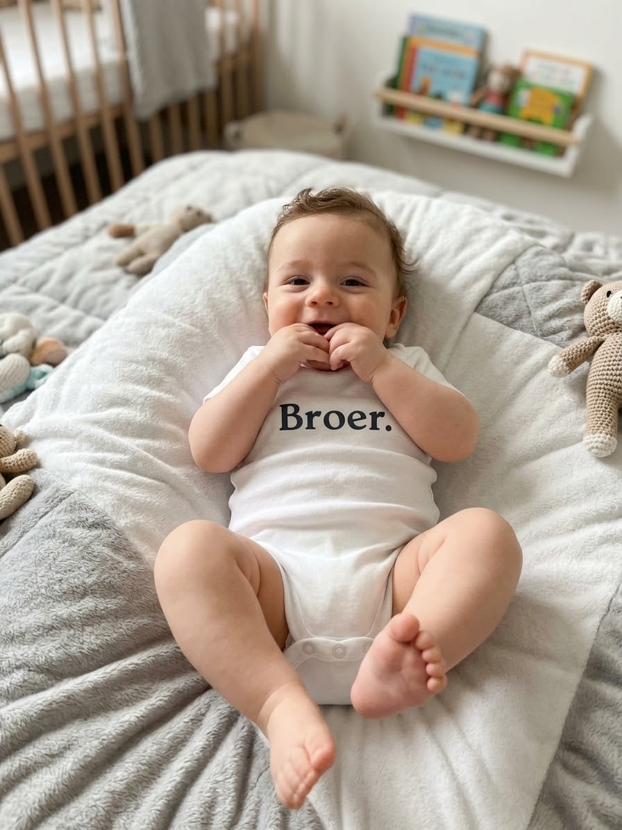 Baby draagt witte romper met korte mouwen en tekst Broer.