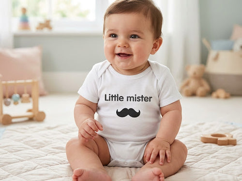 Baby in lichte romper met tekst Little mister en zwarte snorprint