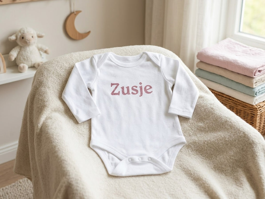 Witte babyromper met lange mouwen en roze glittertekst Zusje
