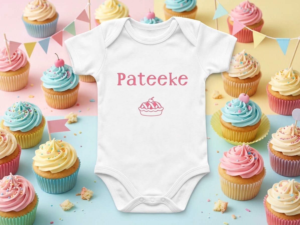 Witte babyromper met korte mouwen, roze tekst Pateeke en taartje