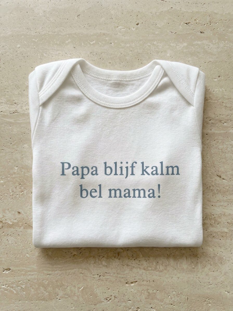 Opgevouwen witte babyromper met grijze tekst Papa blijf kalm bel mama!