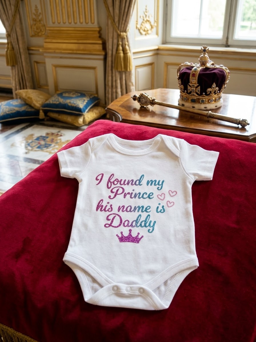 Witte babyromper met korte mouwen en glittertekst I found my Prince his name is Daddy
