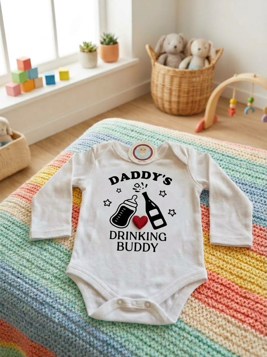 Witte babyromper met lange mouwen en Daddy's Drinking Buddy-print